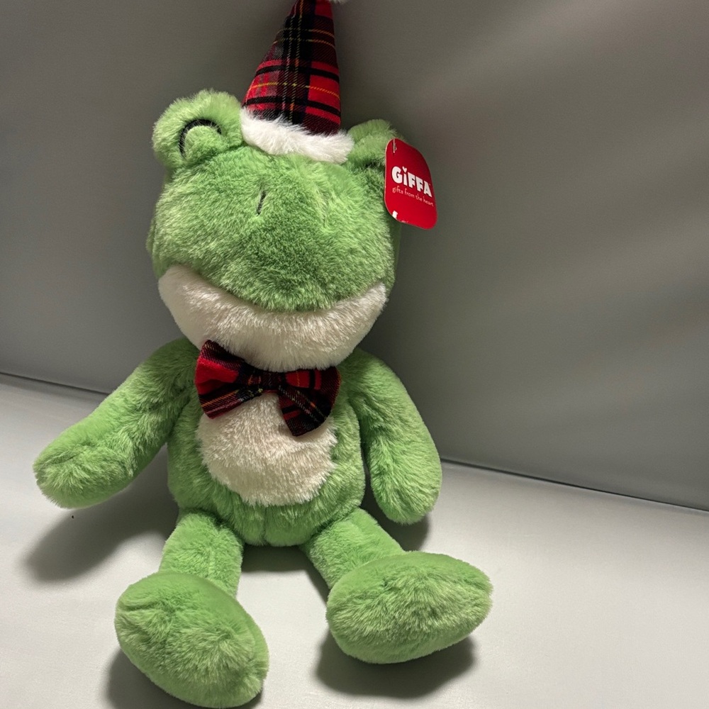 Green Frog Stuffed Animal with Plaid Hat and Bow